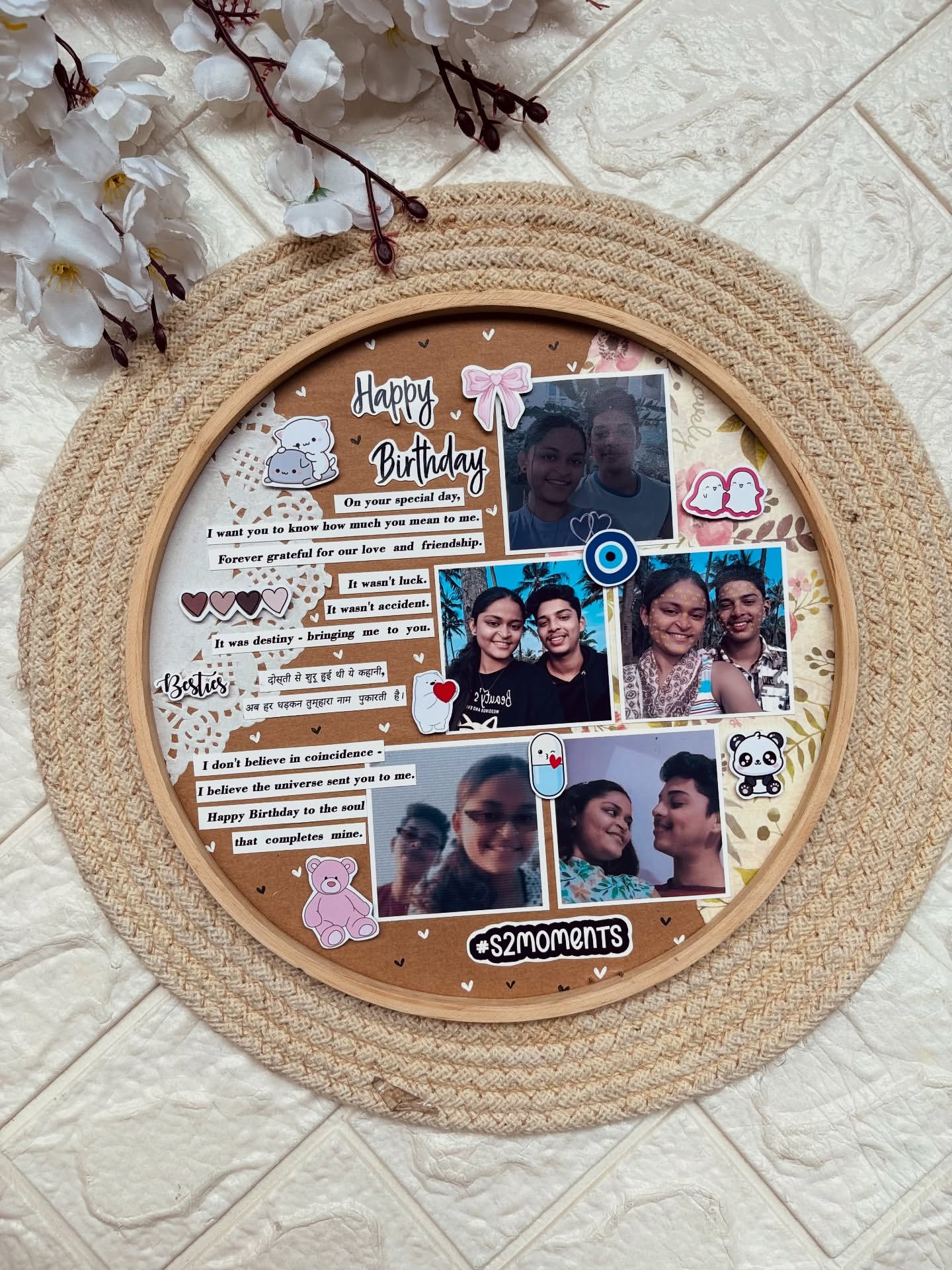 Handmade Circular frame with cute stickers and quotes